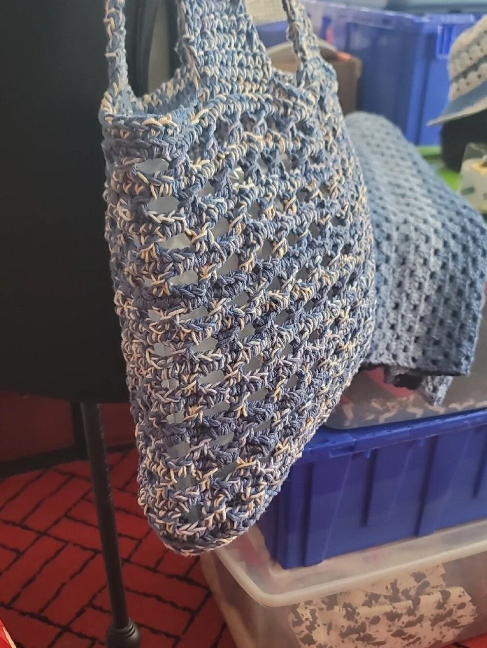 Hand Crocheted Blue Peek-a-Boo Market  Tote Bag